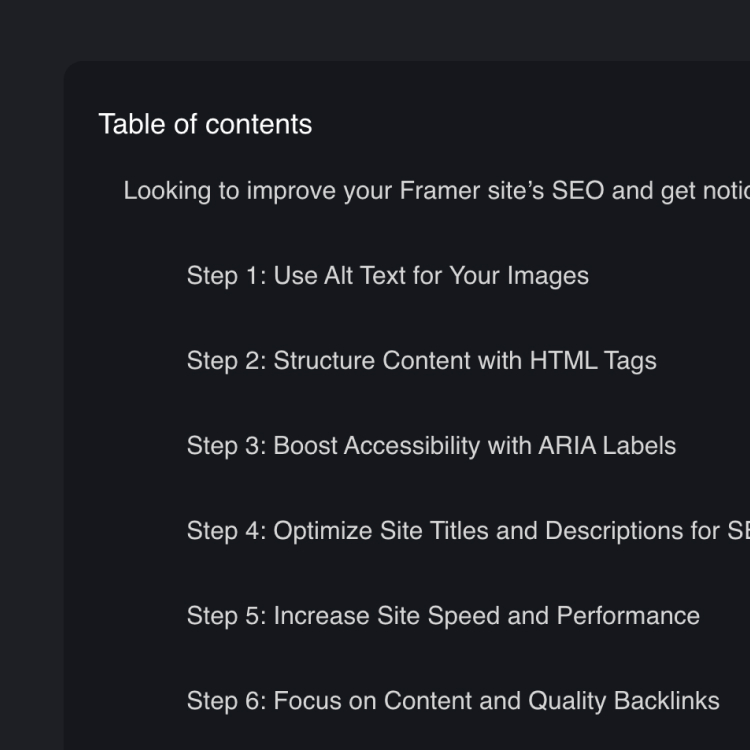 Table of Contents Framer component preview