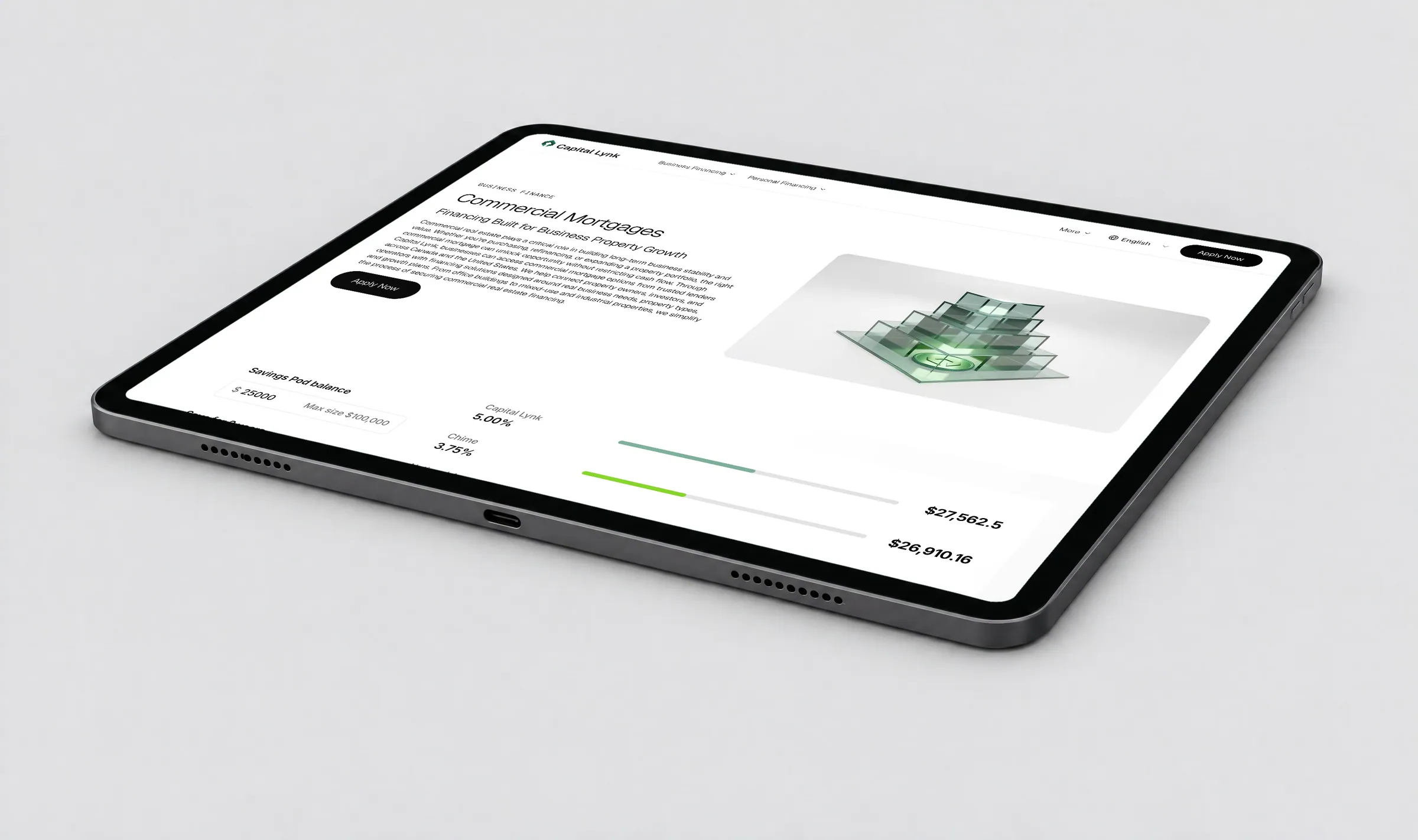 Every loan page shows its own animation and a savings calculator.