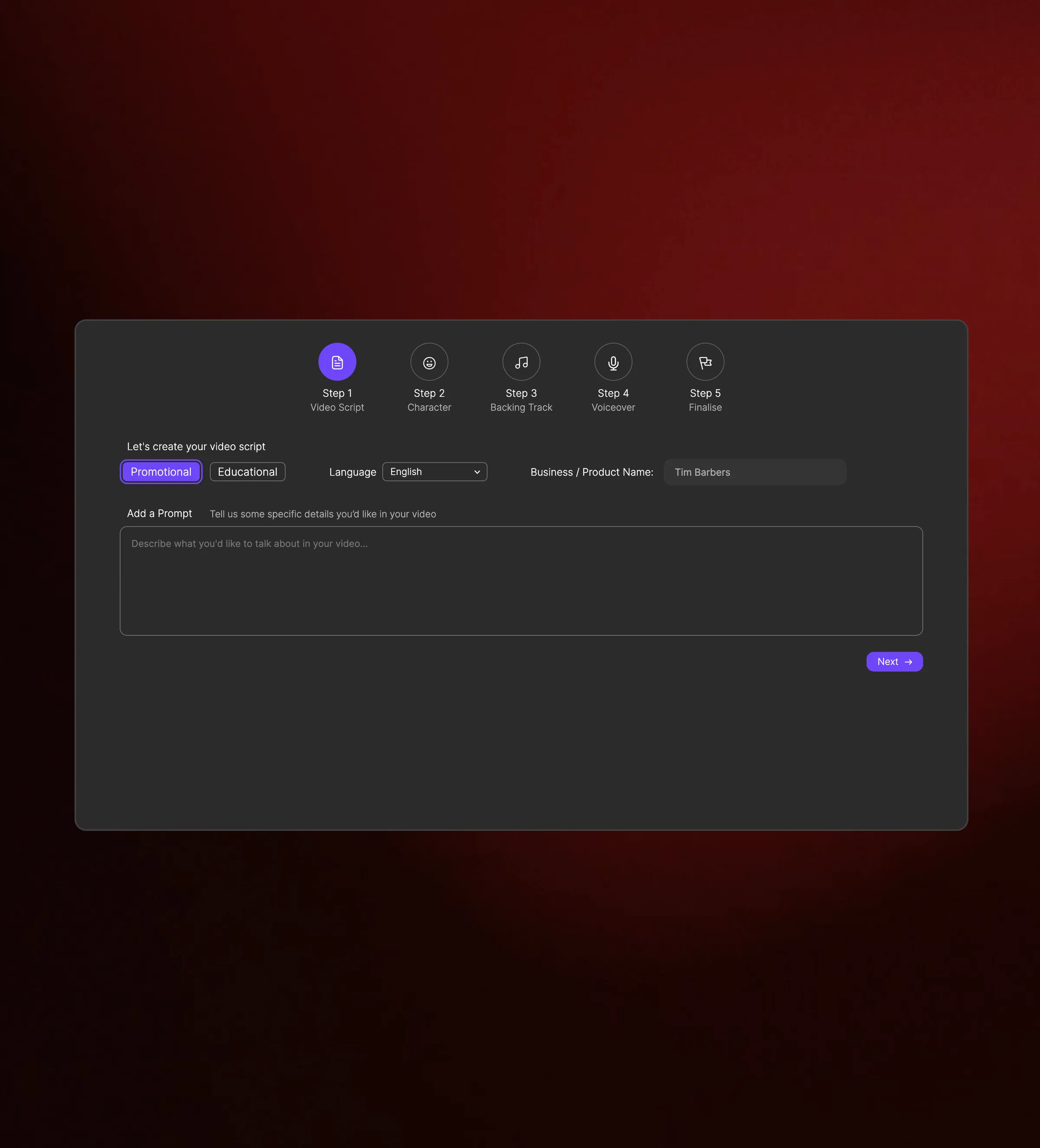 The old flow asked for script type, language and details across five steps before making anything.