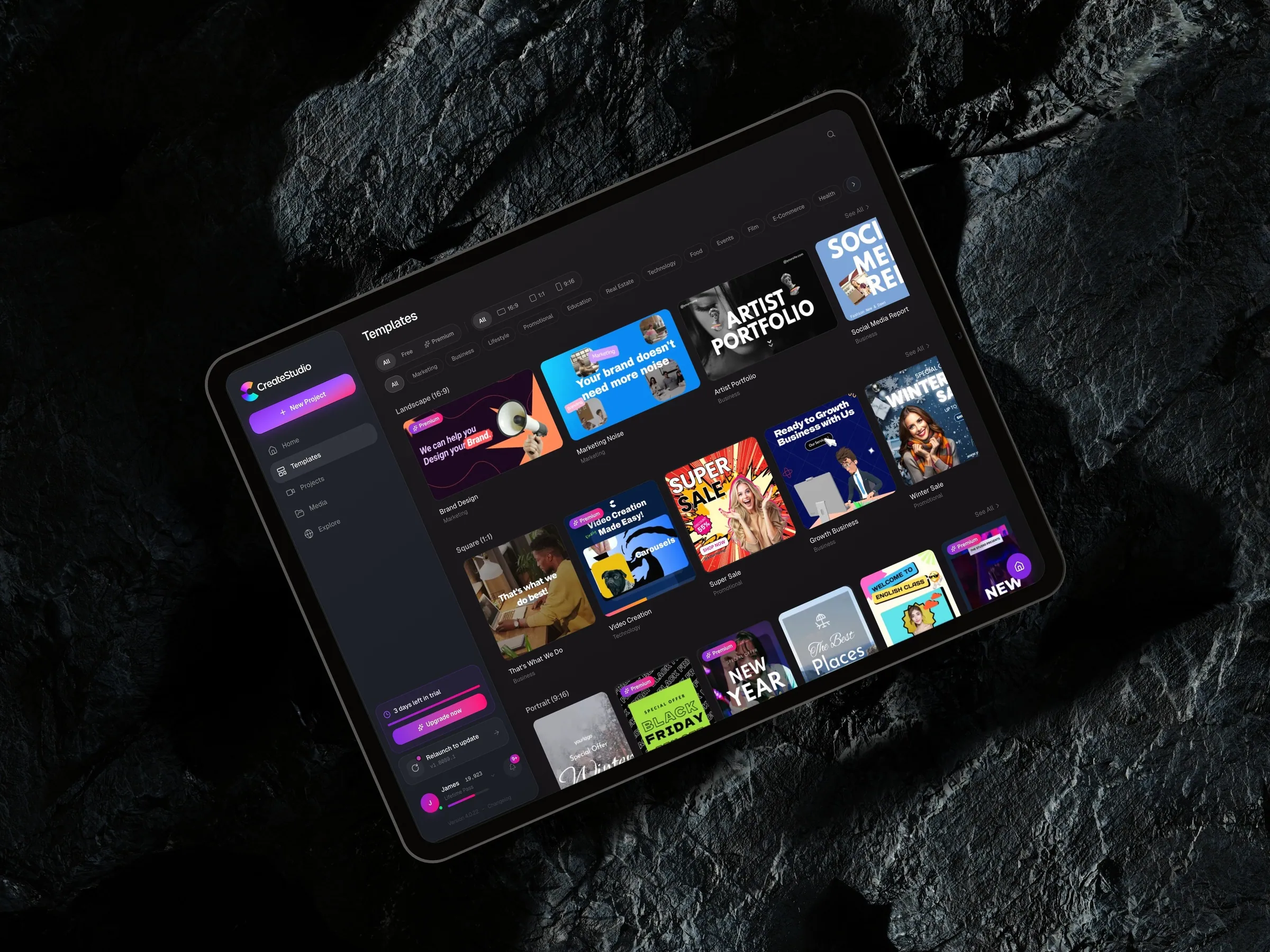 A template library sorted by format and category.