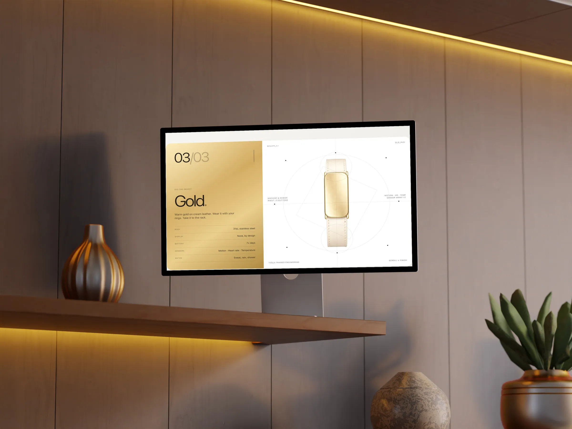 Gold on cream leather, lit like it sits in a vitrine.